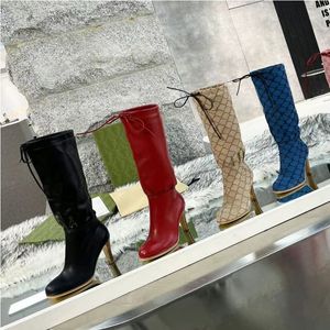 High heeled Long boots Autumn winter Coarse heel women shoes real leather zipper letter Lace up boot designer shoe Heels above knee boots