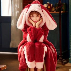 Kvinnors s￶mnkl￤der Autumn Winter Flanell Warm Pyjamas Set Women Bunny Ears Hooded Pyjamas Thicken Female Homewear Pijamas 221124