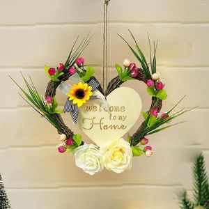 Decorative Flowers Door Hanging Welcome Board Rose Flower Love Type Rattan Circle Festival Supplies Home Decorations Wooden Sign Artificial