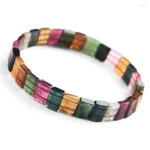 Strand Natural Colorful Tourmaline Gem Stone Crystal Rectangle Pärlor Stretch Armband för kvinnors gåva