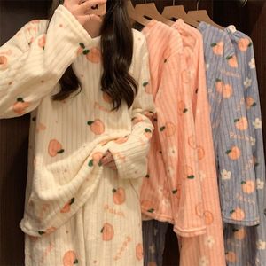 Women's Sleepwear Women Pyjamas Sets Autumn Winter Warm Flannel Thick Homewear Long Sleeve Cartoon Female Pajamas Suit Wearable 221124