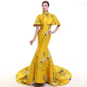 Etnisk kläder gul fläck vintage cheongsam lång modern kinesisk traditionell klänning kvinnor qipao bröllop mantel chinoise vestido orientalisk