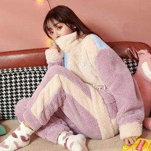 Women's Sleepwear Winter Thick Warm Coral Fleece Pajamas Sets For Women Flannel 2PieceSet Sweet Long-Sleeved Trousers Home Wear Py 221124