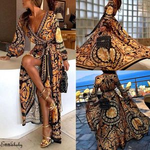 Abiti casual Abito a maniche lunghe Boho con stampa floreale vintage Donna Split Sexy Beach Maxi Autumn Elegant Party VestidosCasual