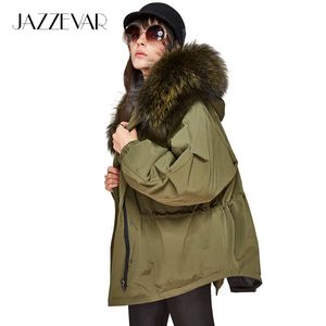 JAZZEvar New Fashion Winter Women Feminino Down Jacket Oversize Dovetail 90% Duck White Down Coat Large Large Real Raccoon Fur Hooded Park186t
