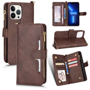 Business Pu Leather Multifunktionella dragkedja Wallet Wallet Flip Cases 9 Kortplatser Rem för iPhone 14 13 12 11 Pro Max XR XS X 8 Plus Samsung S20 Fe S21 S22 Ultra A13 A33 A53 A04