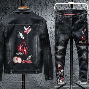 Men's Tracksuits Men's 2022 Autumn Bird Floral Embroidery Turn Down Collar Black Denim Jackets Jeans Pants Tracksuit Male Casual 2