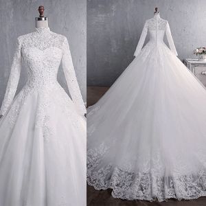 Muslim Wedding Dress 2022 Elegant High Neck Princess Bride Dresses Crystal Beaded Luxury Lace Embroidery Wedding Gown Vestido De Noiva on Sale