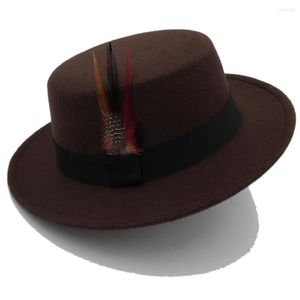 Berets Winter Autumn Women Flat Homburg Fedora Hat For Elegant Lady Wool Pork Pie Chapeu Boater With Fashion Feather