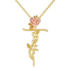 Chains YFN Solid 14K Gold Cross Necklace For Women Real Crucifix Faith Pendant With Rose Flower