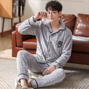 Men's Sleepwear Autumn Winter Flannel Pajamas Grey Solid Cartoon Pajama Sets Casual Sleep Lounge Pyjamas Plus Size 3XL Pijama 221124