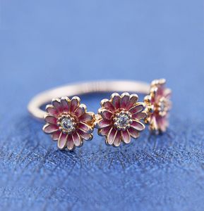 Pink Daisy Flower with Cubic Zirconia Stone Band Ring Fit Pandora Jewelry Engagement Wedding Lovers Fashion Ring for Women1874303