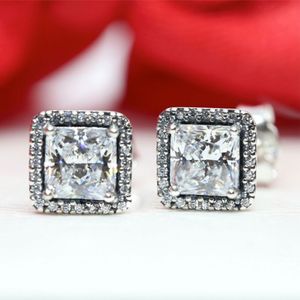 925 Sterling Silver Square Sparkle Halo Stud Earrings Fits European Pandora Style Jewelry Fashion Earrings