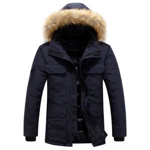 Designer Herren schwarzer Pelzmantel Daunenjacke Wintermode Parka wasserdichter winddichter Stoff dicker Stickerei Schultergurt warmer klassischer Mantel