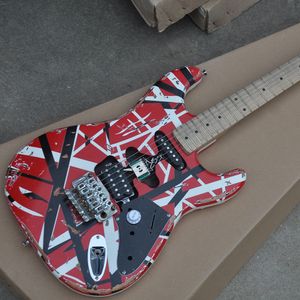 6 Strings Red Relic Electric Guitar with Black and White Stripes Floyd Rose Maple FretboardCustomizable