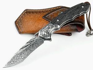 Kolekcja składania Flippera Damascus nóż vg10 Damascus Blade rzeźbia stalowa głowa heban rączka na zewnątrz kempingowe noże kieszonkowe