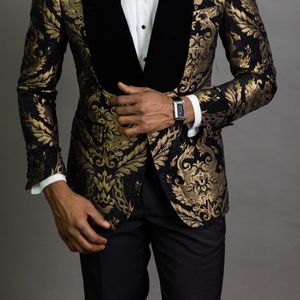 2023 Luxo preto Jacquard Floral Prom Tuxedos Men Suits 2 pe￧as Slim Fit com Velvet Shawl Lapel Wedding Groom Tuxedo Roupas de moda masculina Plus Tamanho personalizado