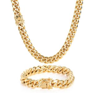Collana a catena a maglie cubane Bracciale Set di gioielli Collana Miami in acciaio inossidabile placcato oro reale 18 carati con fibbia a molla di design