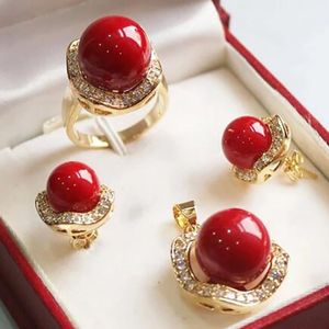 Wholesale Nobility 10mm 14mm red Shell Pearl Necklace Earrings Ring 6-9# Pendant