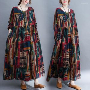 Casual Dresses Vintage Art Printing Robes Ladies Cotton Big Swing Autumn Vestidos Mujer Mori Girl Pocket Retro Women Long Dress