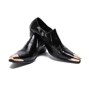 Erkek Elbise Ayakkabı Siyah Patent Deri Ayakkabı Altın Ayak Tip Timsah Desen Loafers Prom Zarif Düğün Yüksek Topuklular