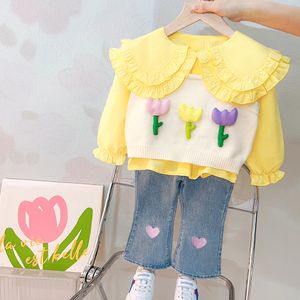 Bebê meninas colete de malha camisa de renda jeans 3 peças terno infantil roupas de desenho animado roupas infantis conjuntos de roupas esportivas