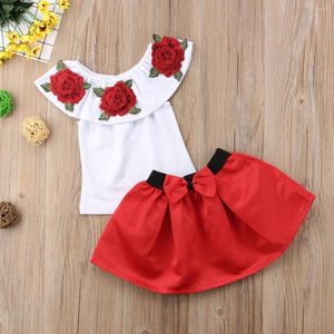 Zestawy odzieżowe Summer dzieci ubrania dziewczynka z ramiona 3D róża kwiat topy t-koszulka bok księżniczka spódnica 2pcs strój 2-7 lat