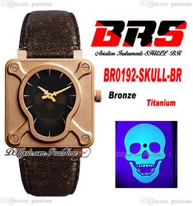 BRSF Aviation Instruments BR0192-SKULL-BR Automatic Mens Watch 46mm Real Broze Luminous Skull Dial Titanium Vintage Black Leather Strap Super Edition Pureitme B2