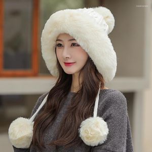 Berets Winter Warm Knitted Hat Fur Women Beanies With Earflap Two Balls Lady Outdoor Thicken Plush Fluffy Skullies Cap Russian Hats