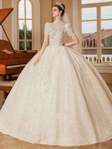 2023 Luxus-Hochzeitskleid mit Kristallperlen, transparenter Ausschnitt, U-Ausschnitt, A-Linie, Brautkleider, Sweep-Zug, nach Maß, Prinzessinnenkleider in Übergröße