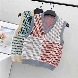 Kvinnors tröjor JMPRS Patchwork Women Sweater Vest Vhals tröja Houndstooth Korean Knittad Jumper Casual Plaid Korean Vhals Fashion Tops J220915