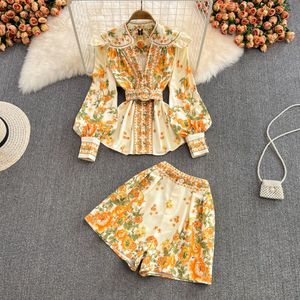 Casual Dresses Temperament Lotus Leaf Sleeves High Waist Collar Wide Shorts Fashion Court Suit V Wind Leg Side Shirt Ladies Twopiece Suit 221125