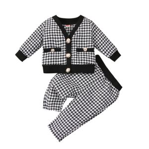 Kl￤derupps￤ttningar Eleganta babyflickans toppar Set L￥ng￤rm Houndstooth M￶nster V Neckknappad elastisk midja Pants Kids 221125