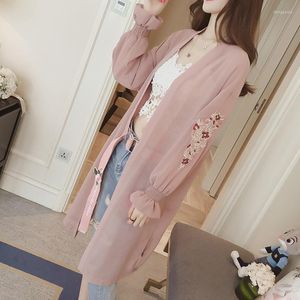 Women's Trench Coats Summer Women's Casaco Feminino Coat Sunscreen Chiffon Shirt Mid-Length Embroidered Cardigan Shawl Thin Jacket