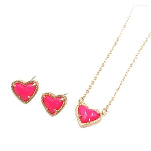 Necklace Earrings Set 2022 Pink Heart Resin Druzy Colored Gem Stone Small Love Geometric Stud & Jewerly For Women