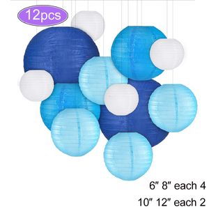 Andra evenemangsfestleveranser 12st Gold/Blue Paper Lanterns Set Round Chinese/Japanese Hanging Ball Lantern Lamps For Birthday Wedding Decoration 221128