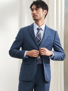 メンズスーツ65％ウール5％シルクブルーストライプファッションメンブレザーベストパンツセットスリムフィット高品質2022春のレジャーウェディンググルームウェア
