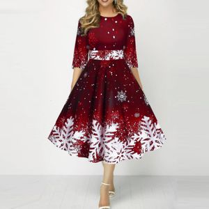 Abiti casual Abiti da festa in costume di Natale per le donne Abito da festa midi stampato con fiocchi di neve Vacanze di Natale Mezza manica A Line Robe 221126