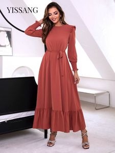 Casual Dresses Yissang Shirred Cuff Ruffle Trim Belted Dress 221126