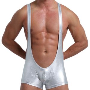 Undershirts seksowne mężczyźni Pu skóra lateksowa bielizna krótka bokser Bodysuit egzotyczny wrestling Singlet Teddy Catsuit