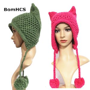 BeanieSkull Caps BomHCS Knit Braided Cat Ears Hat For Women Handmade Knitting Crochet Warmer Beanie Winter Cap 221125