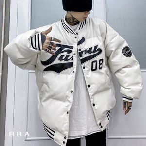 Parkas de invierno para hombre, chaqueta bordada de invierno, uniforme de béisbol Retro grueso blanco suelto, abrigo grueso para mujer BF Harajuku, acolchado cálido 221128