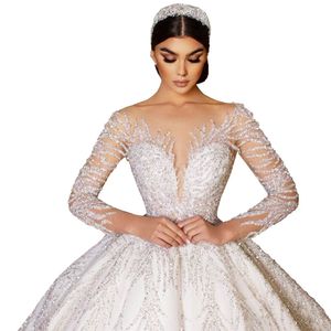 2023 Ballkleid-Hochzeitskleid mit glitzernden Pailletten, durchsichtig, mit Juwelenausschnitt und langen Ärmeln, Brautkleider BC14692 GB1128s318G