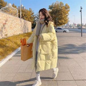 Kadınlar Down Kadın Giyim Sarı Kapşonlu Ceket Uzun Gevşek Pamuk Ceket Kış Koreli Moda Rüzgar Popsası Sıcak Büyük Cep Kırktı Üstler