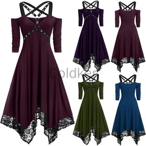 Casual Dresses Women Vintage Punk Style Cross Bandage Lace Edge Longsleved Oregelbundet Party Prom Dress Halloween Witch Cosplay Gothic Costumes 221126