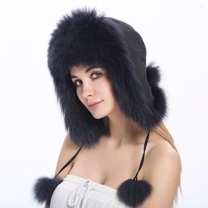 Berets ZY84005 Protect Ear Warm High-end Female Snow Cap With Ball Sell Winter Genuine Real Fur Russian Style