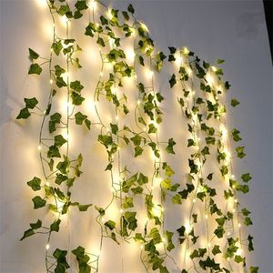 Рождественские украшения цветочный зеленый лист струна Светлый искусственный виноградный сказочный аккумуляторный дерево