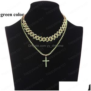 Pendant Necklaces Iced Out Cuban Link Chain Necklace Set Cross Pendant Jewelry For Women Rhinestone Choker Luxury Bling Hip Hop Jewe Dhwvd