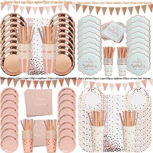 Dokonany na zastawie obiadowe Dekoracje na zastawie stołowe Rose Gold Papierowe słomki kubki Talerze Banner Wedding Party Decor Kids Adult 221128