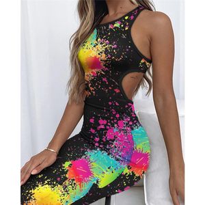 Casual Dresses 2022 Vintage Dress Women Floral PrintSummer Sexy Hollow Out Club Sheath Backless Sundress Sleeveless Tunic Femme